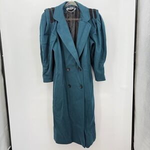 Vintage BillyCoat Teal Green Wool Blend Long Coat Puff Sleeve Sz L Trench Luxury